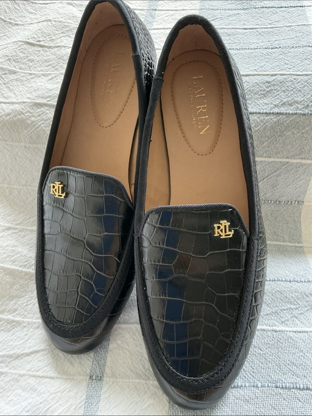 Lauren Ralph Lauren Black Croc-Embossed Leather Loafers new size 8.5